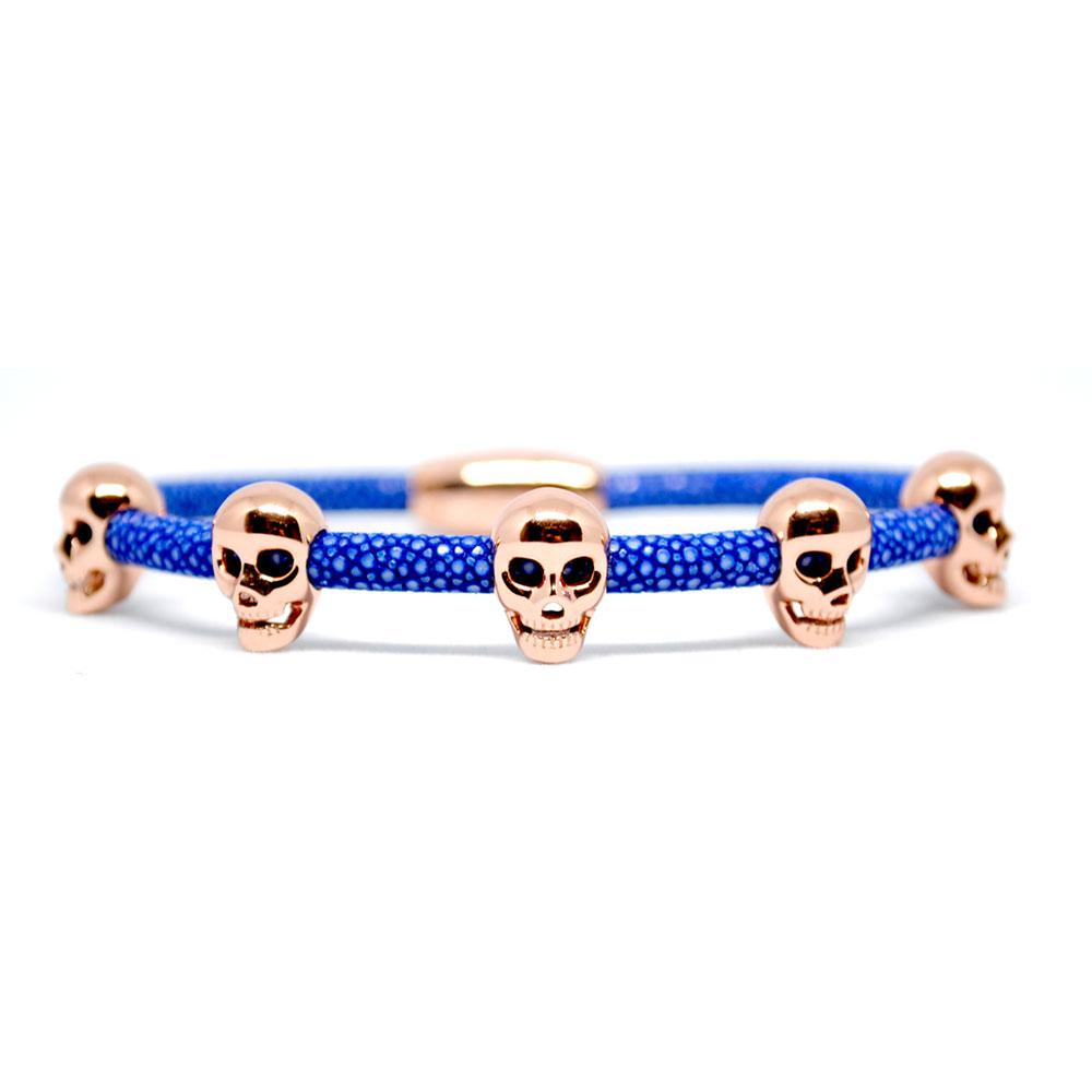 Skull Bracelet | Blue with Rose Gold Skulls | Double Bone
